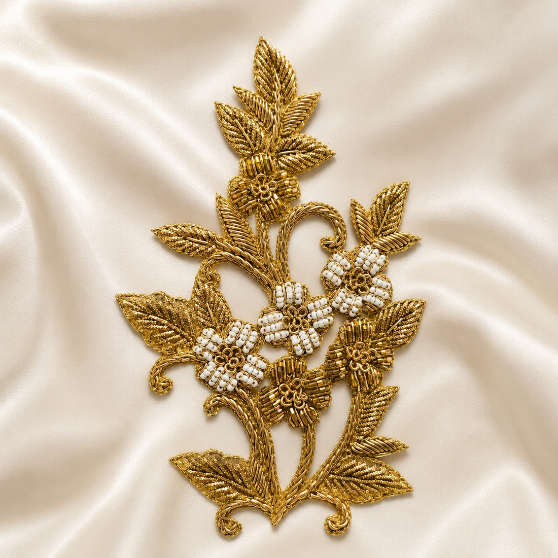 Floral Bugle Bead and Metallic Cord Vine Embroidered Statement Patch