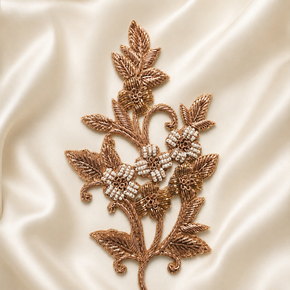 Floral Bugle Bead and Metallic Cord Vine Embroidered Statement Patch