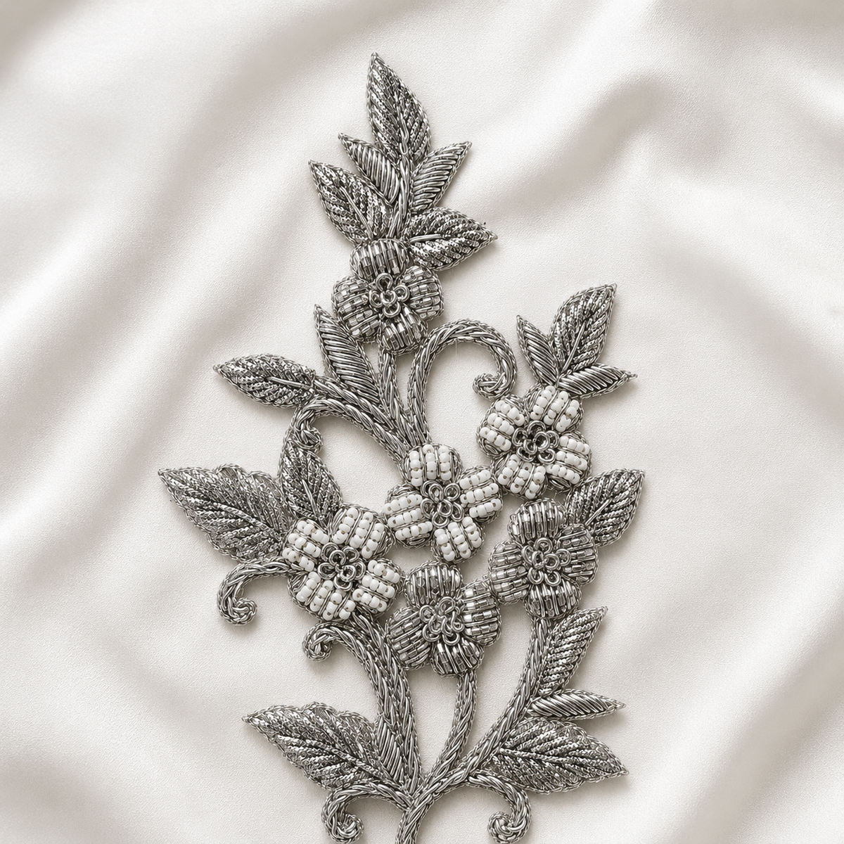 Floral Bugle Bead and Metallic Cord Vine Embroidered Statement Patch