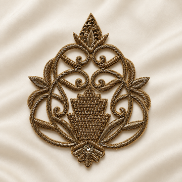 Symmetrical Floral Scrollwork Metallic Cord and Sequin Embroidered Patch
