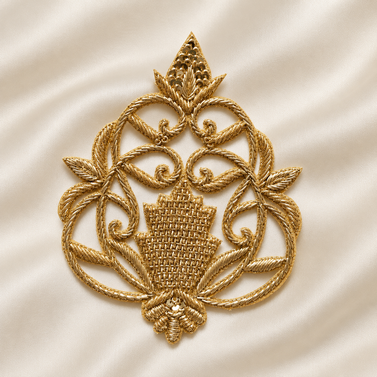 Symmetrical Floral Scrollwork Metallic Cord and Sequin Embroidered Patch