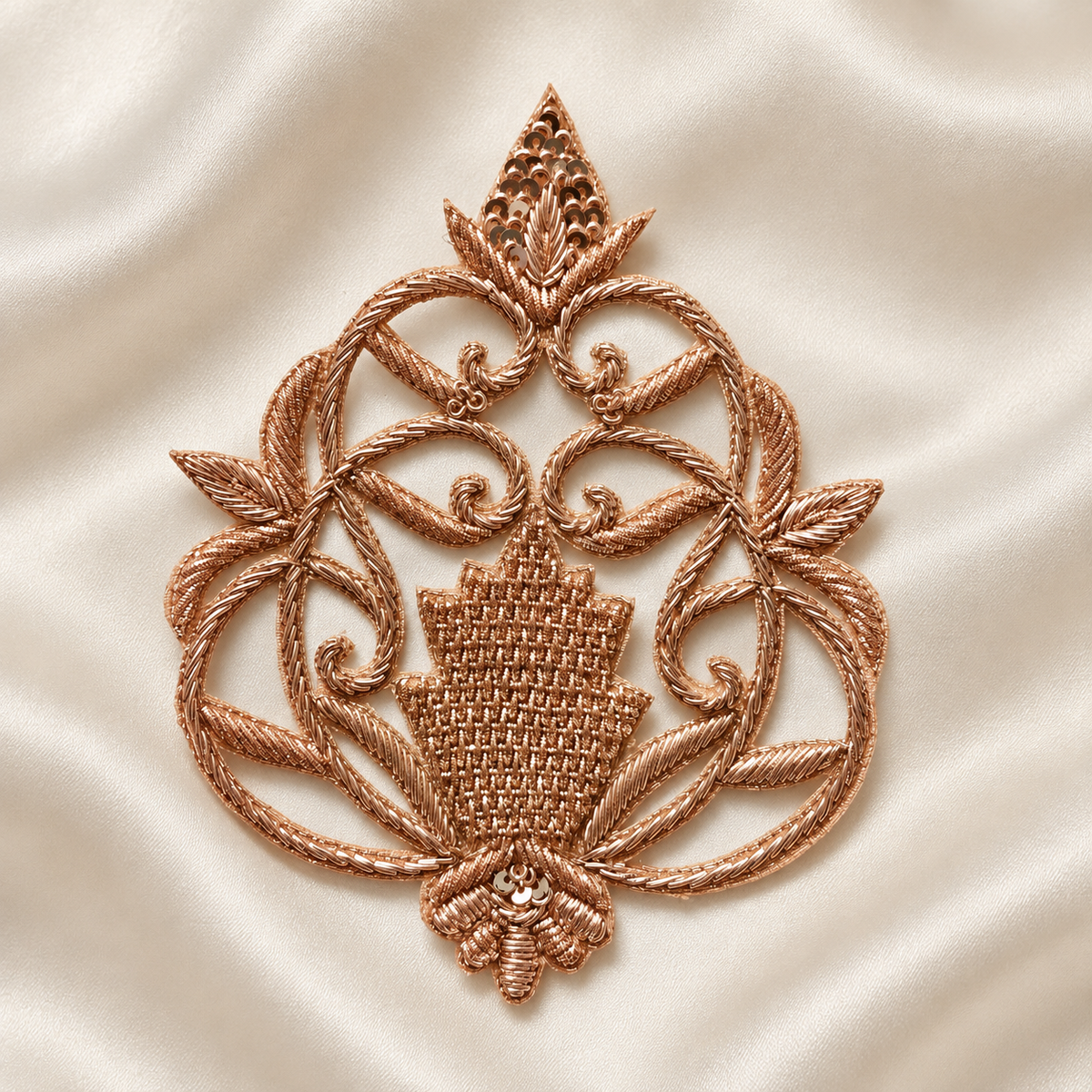 Symmetrical Floral Scrollwork Metallic Cord and Sequin Embroidered Patch