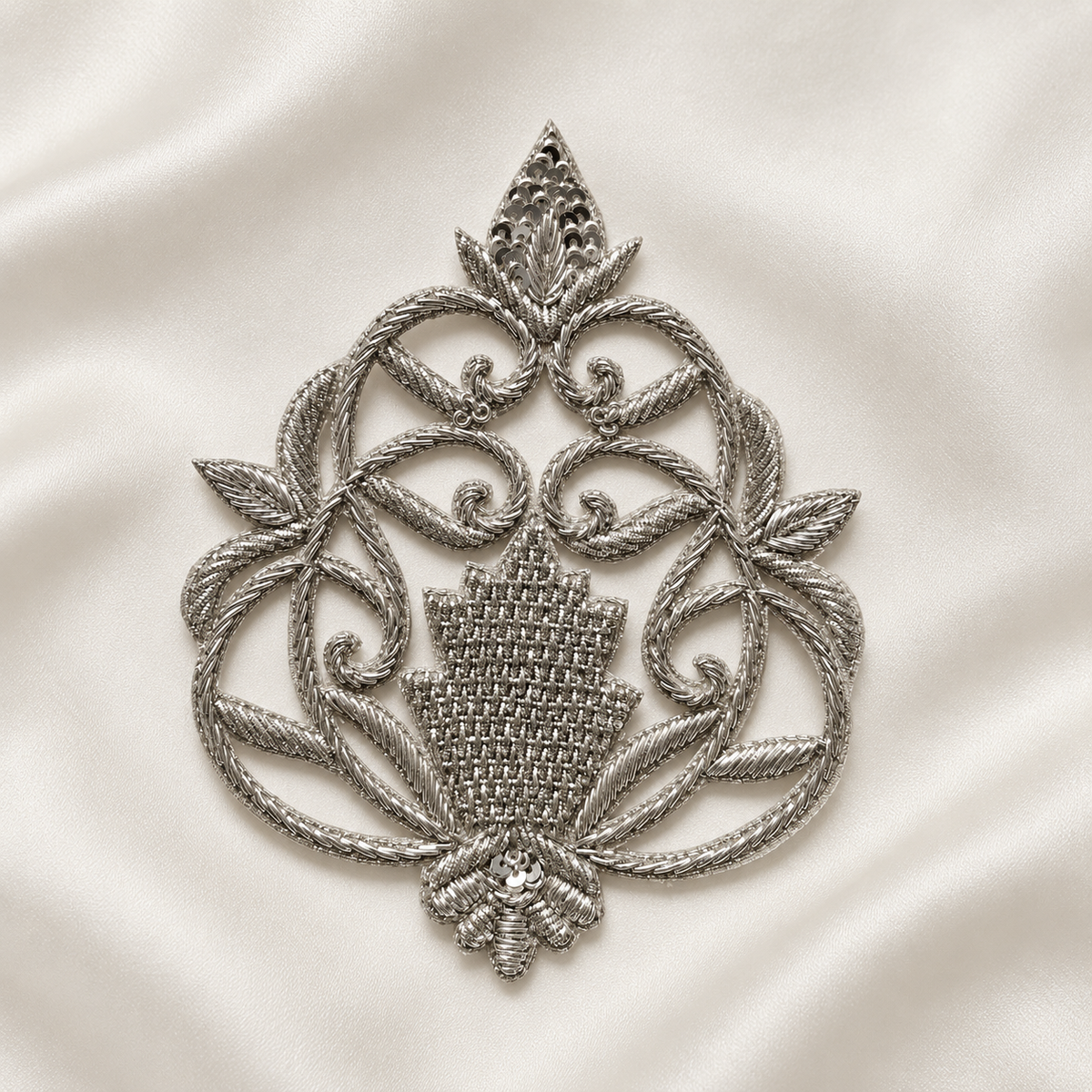 Symmetrical Floral Scrollwork Metallic Cord and Sequin Embroidered Patch