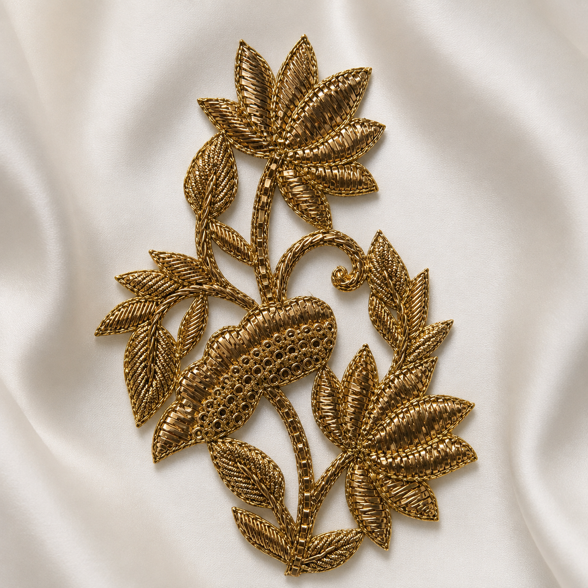 Lotus Floral Vine Metallic Ribbon and Cord Embroidered Patch
