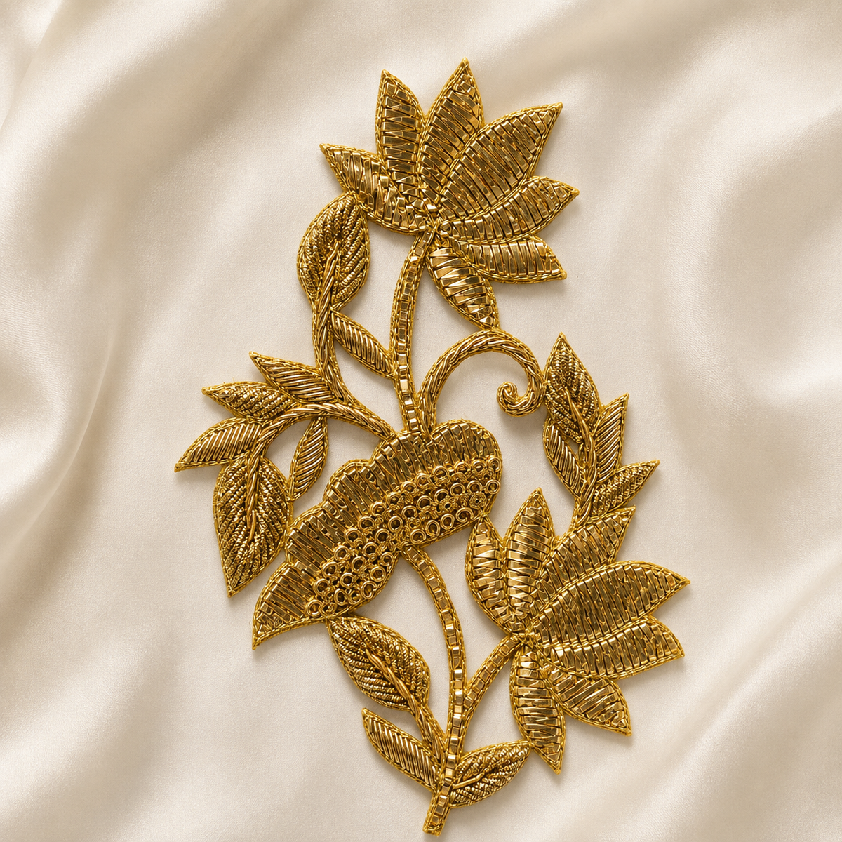 Lotus Floral Vine Metallic Ribbon and Cord Embroidered Patch