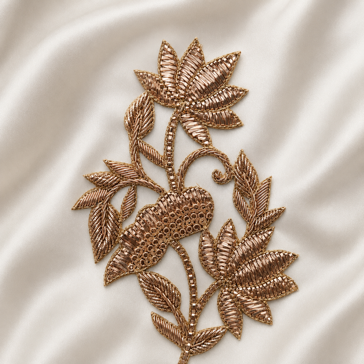 Lotus Floral Vine Metallic Ribbon and Cord Embroidered Patch