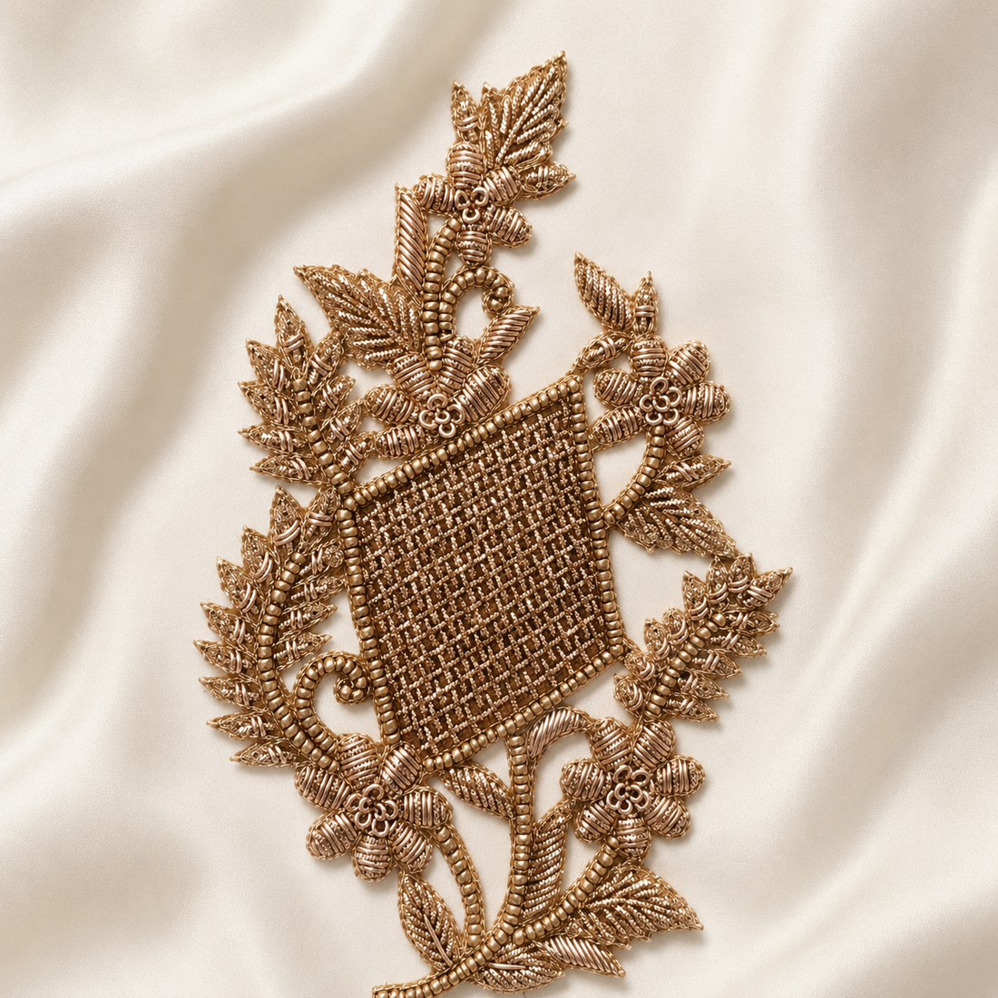 Paisley Lattice Floral Vine Metallic Cord Embroidered Patch