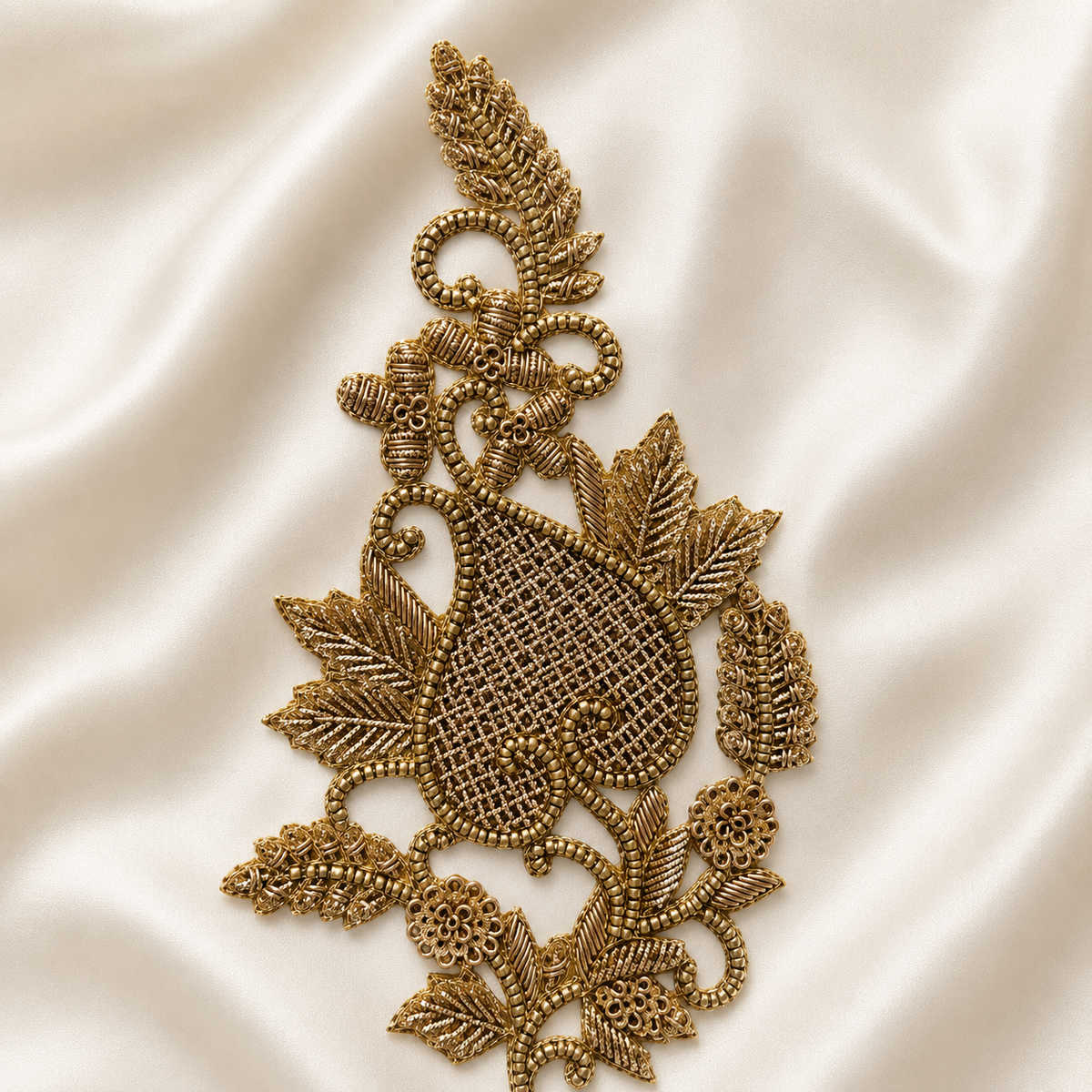 Paisley Lattice Floral Vine Metallic Cord Embroidered Patch