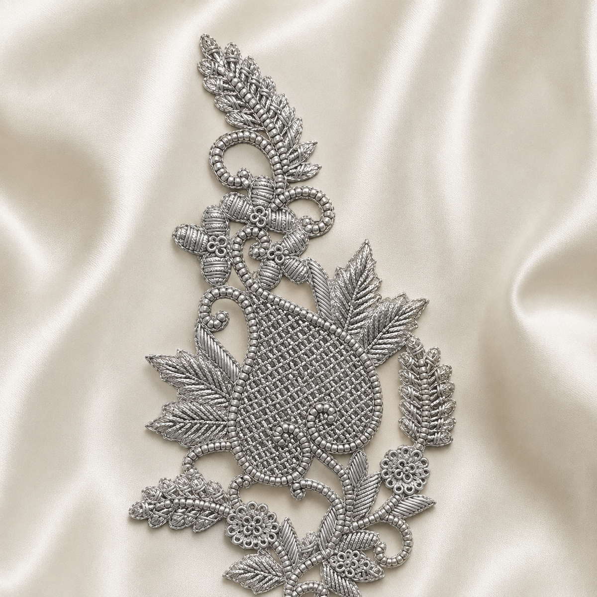Paisley Lattice Floral Vine Metallic Cord Embroidered Patch