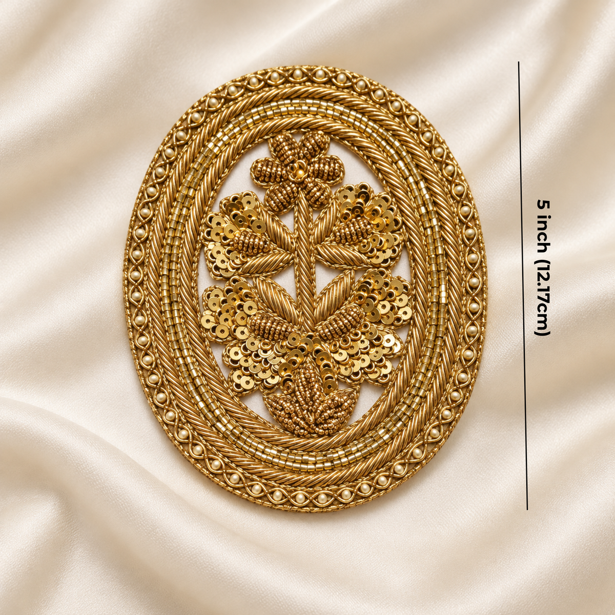 Ornate Oval Floral Zardozi Embroidered Patch with Pearl, Bead & Sequin Detailing