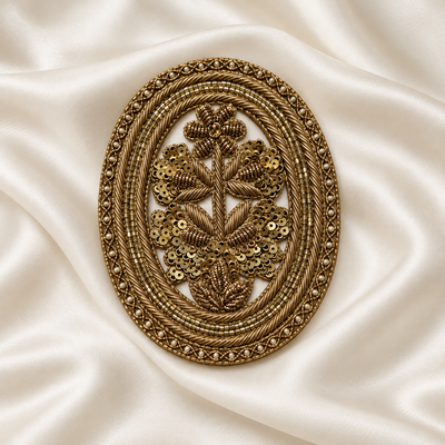 Ornate Oval Floral Zardozi Embroidered Patch with Pearl, Bead & Sequin Detailing hover image