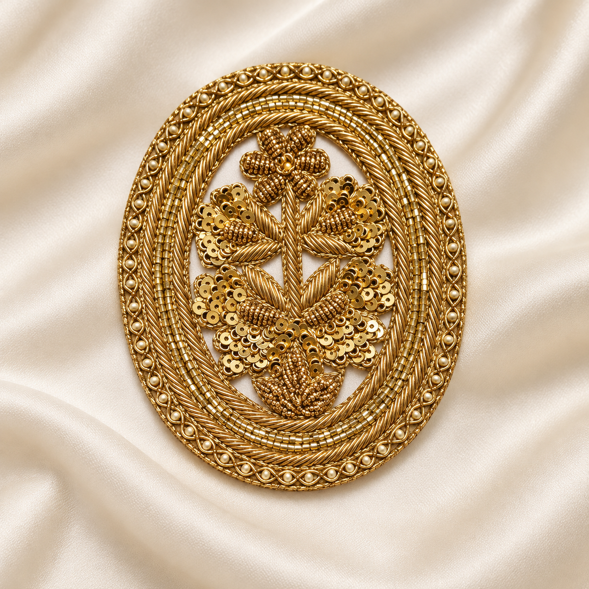 Ornate Oval Floral Zardozi Embroidered Patch with Pearl, Bead & Sequin Detailing