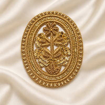 Ornate Oval Floral Zardozi Embroidered Patch with Pearl, Bead & Sequin Detailing