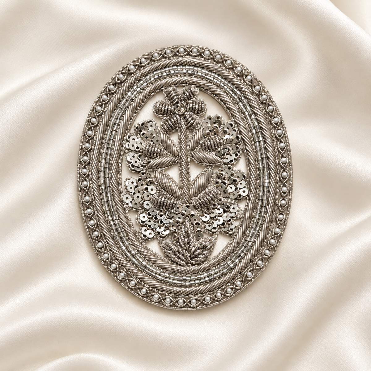 Ornate Oval Floral Zardozi Embroidered Patch with Pearl, Bead & Sequin Detailing