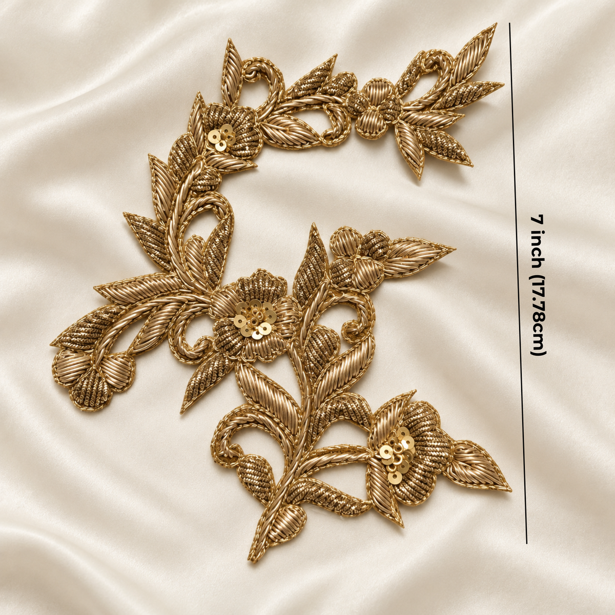 Elegant Floral Vine Zardozi Embroidered Patch with Sequin & Metallic Threadwork