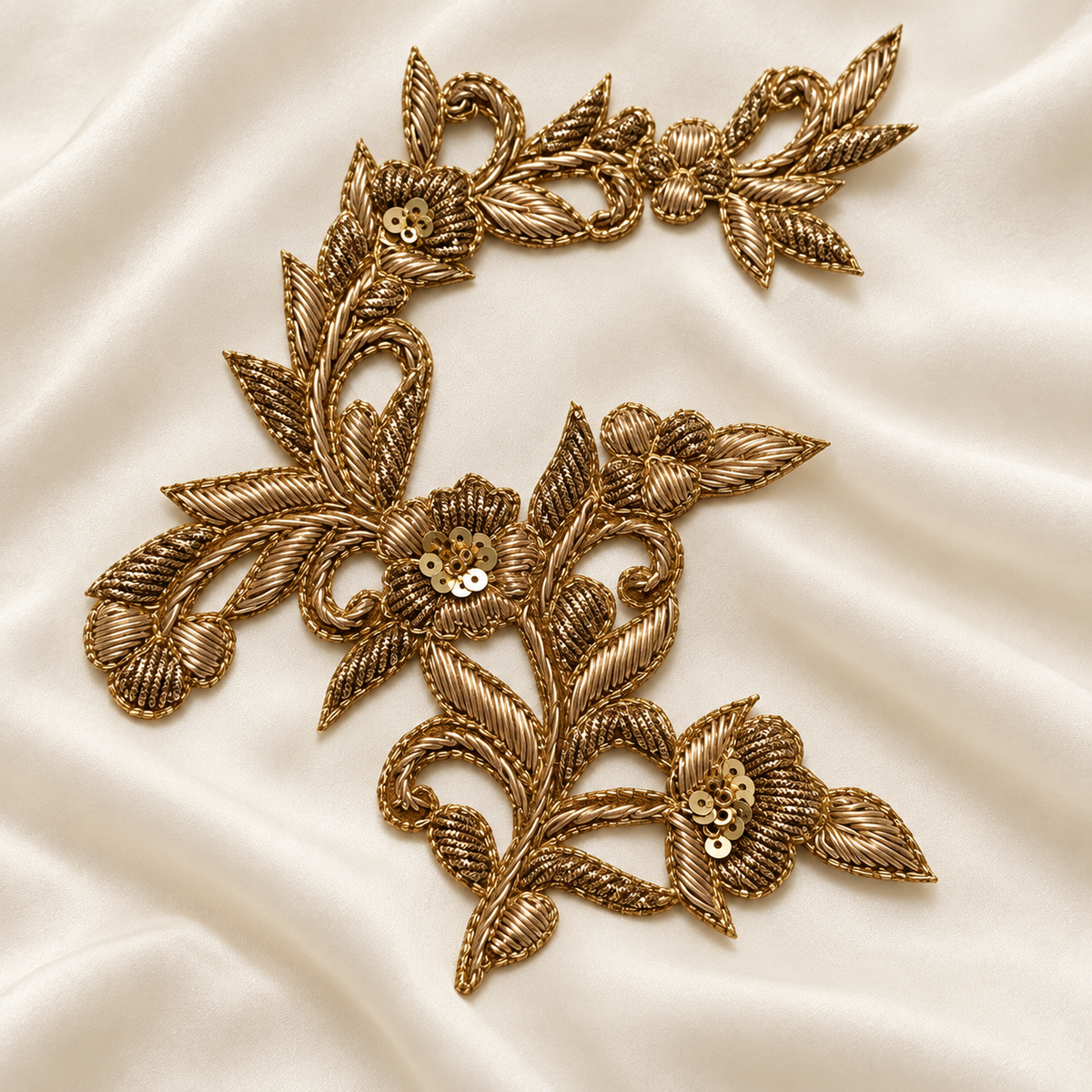 Elegant Floral Vine Zardozi Embroidered Patch with Sequin & Metallic Threadwork