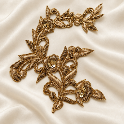 Elegant Floral Vine Zardozi Embroidered Patch with Sequin & Metallic Threadwork