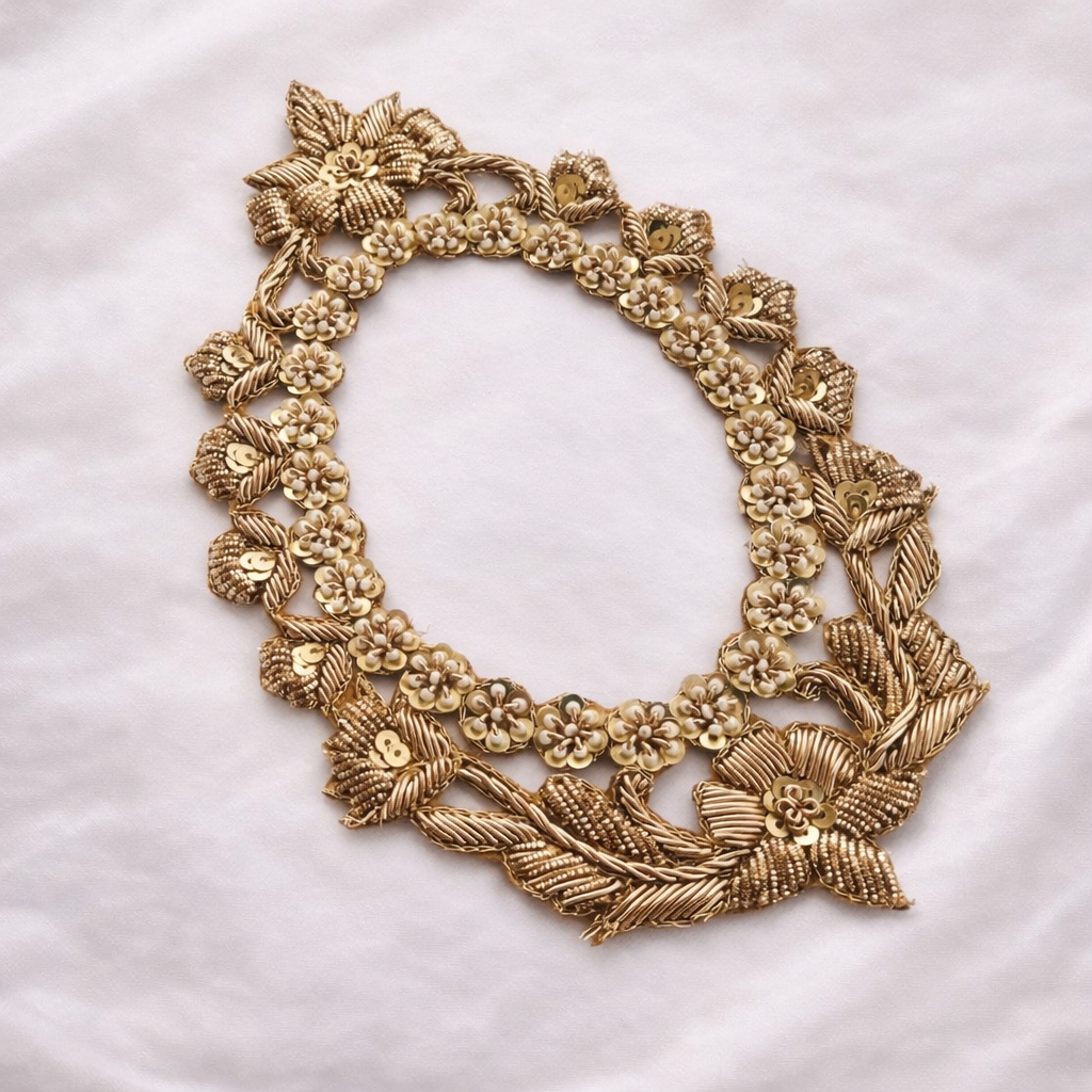 Luxury Handcrafted Gold Zari Floral Neck Applique Patch