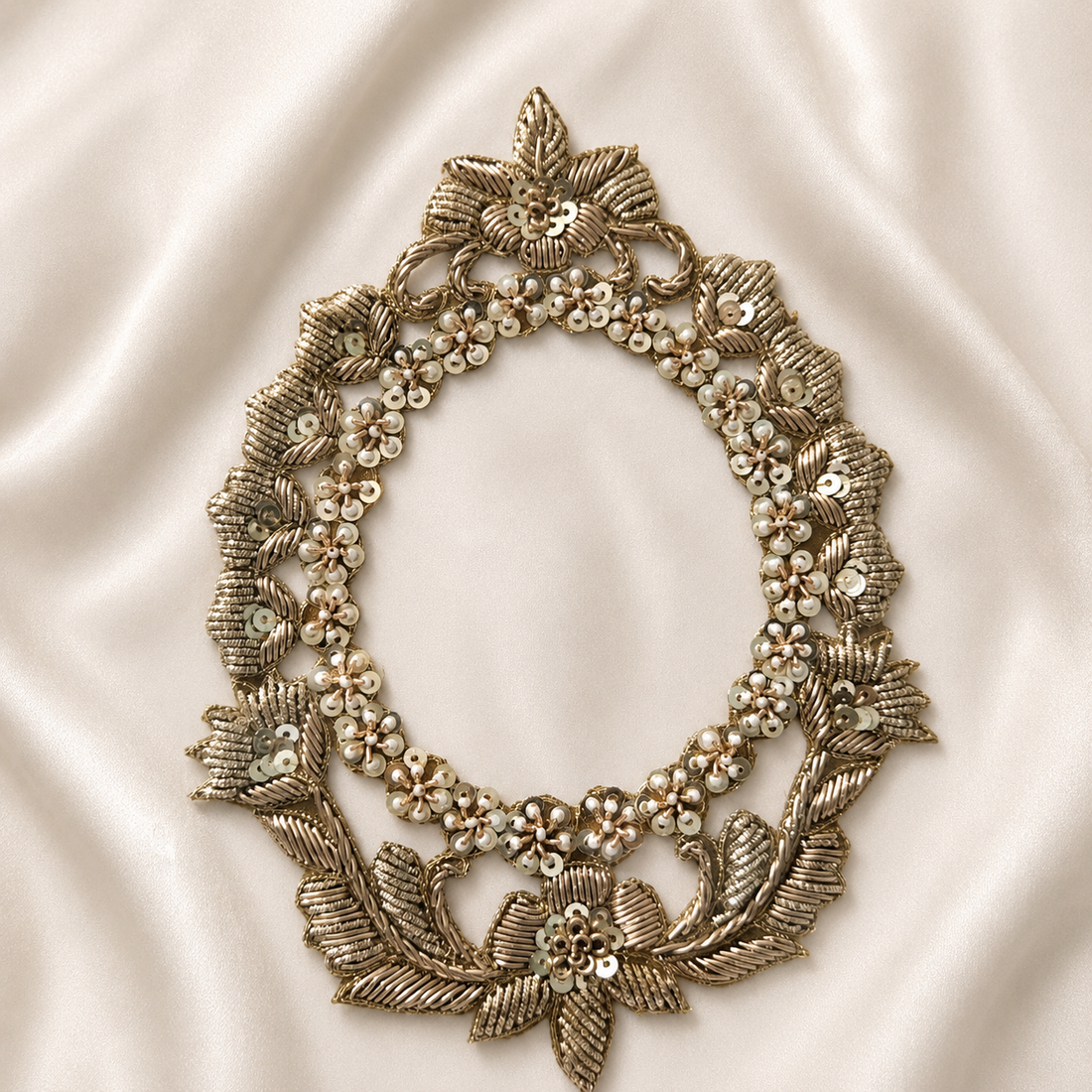 Luxury Handcrafted Gold Zari Floral Neck Applique Patch