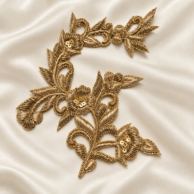 Elegant Floral Vine Zardozi Embroidered Patch with Sequin & Metallic Threadwork hover image