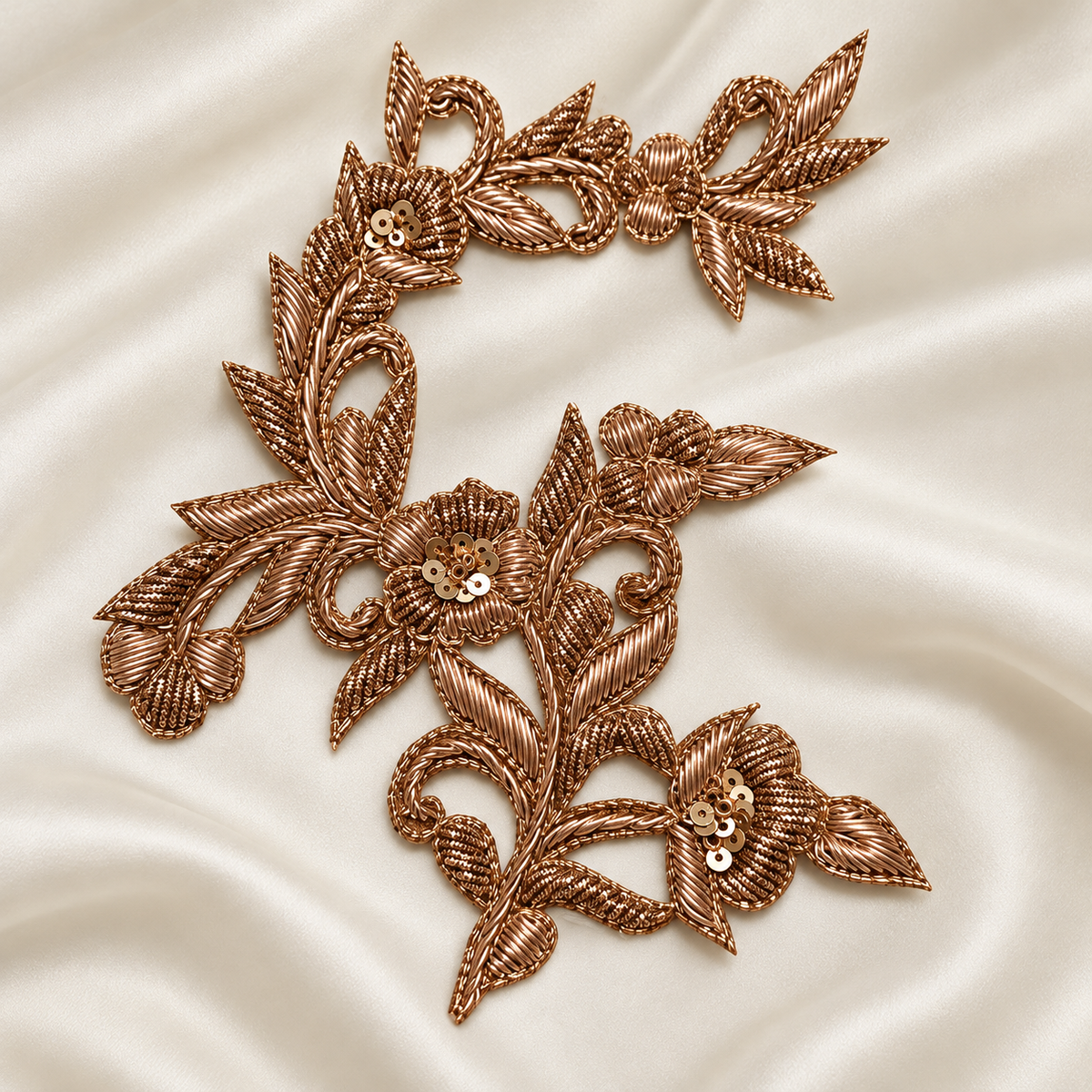 Elegant Floral Vine Zardozi Embroidered Patch with Sequin & Metallic Threadwork