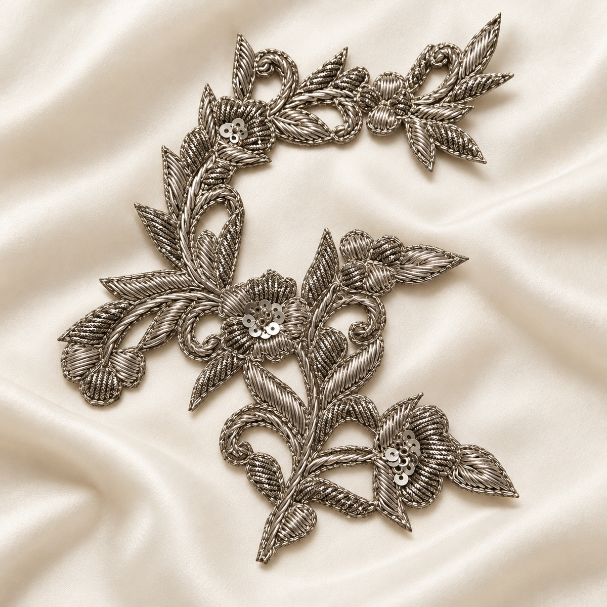 Elegant Floral Vine Zardozi Embroidered Patch with Sequin & Metallic Threadwork