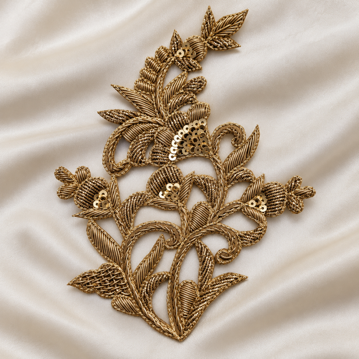 Intricate Floral Vine Zardozi Embroidered Patch with Sequin & Leaf Detailing