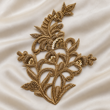 Intricate Floral Vine Zardozi Embroidered Patch with Sequin & Leaf Detailing