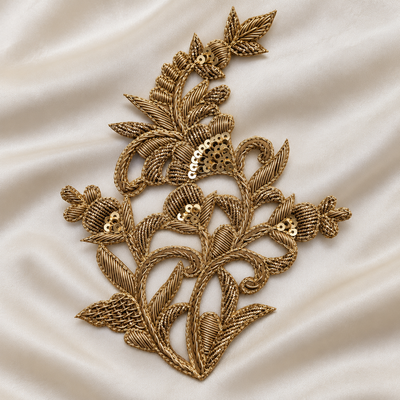 Intricate Floral Vine Zardozi Embroidered Patch with Sequin & Leaf Detailing