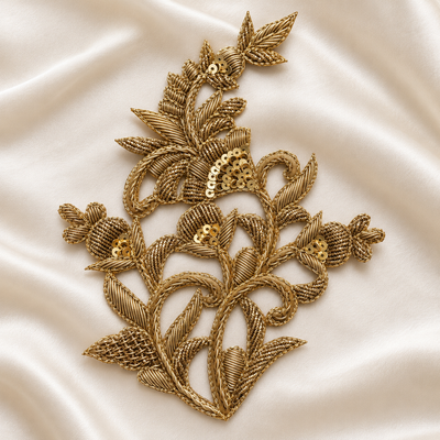 Intricate Floral Vine Zardozi Embroidered Patch with Sequin & Leaf Detailing hover image