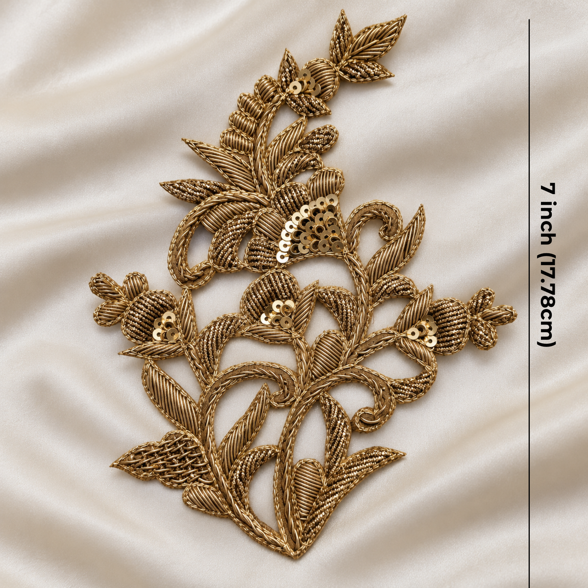 Intricate Floral Vine Zardozi Embroidered Patch with Sequin & Leaf Detailing