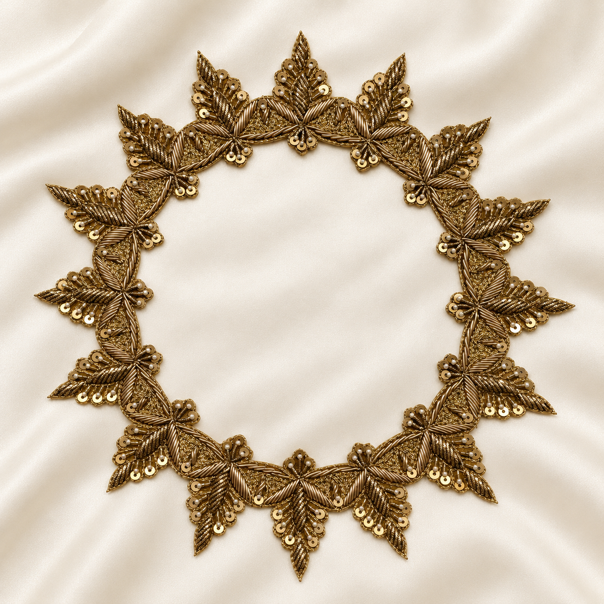 Layered Leaf Sequin and Metallic Cord Embroidered Neckline Patch