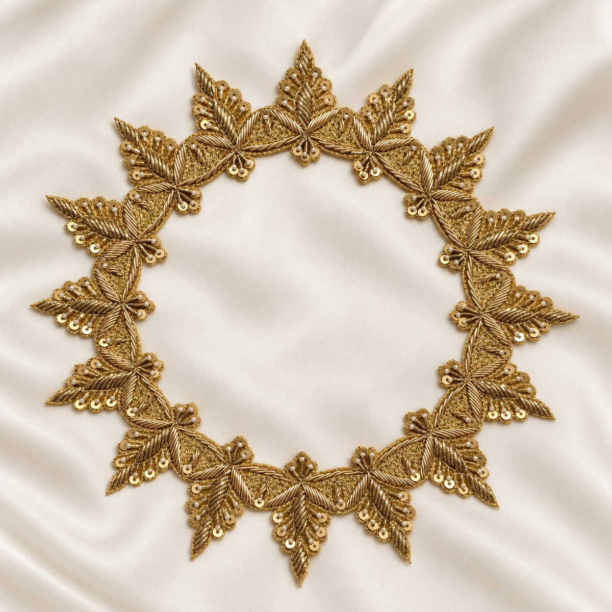 Layered Leaf Sequin and Metallic Cord Embroidered Neckline Patch