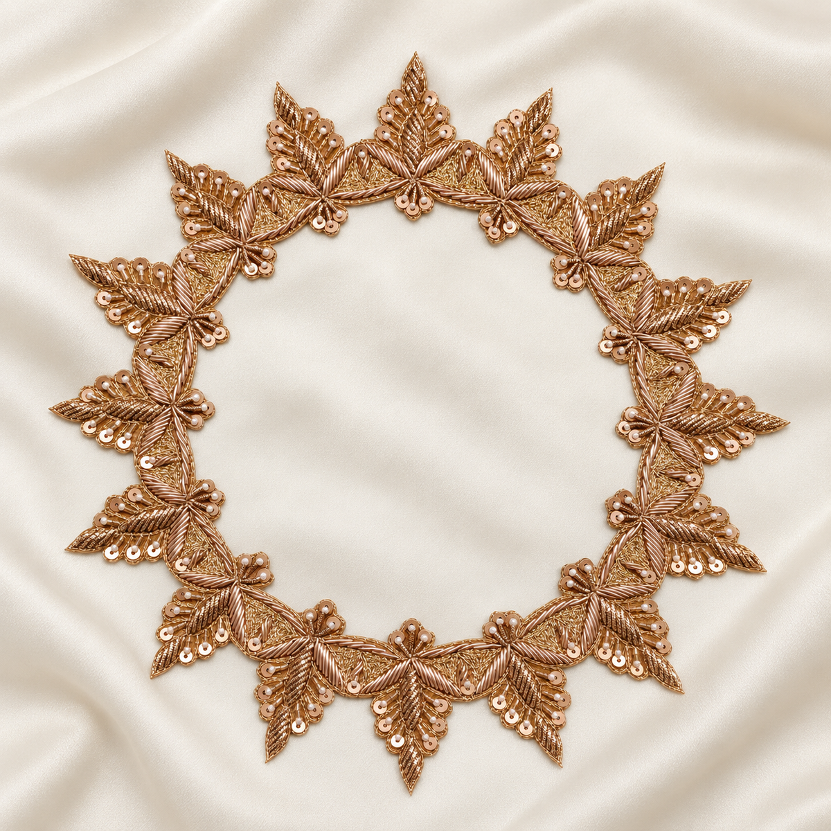 Layered Leaf Sequin and Metallic Cord Embroidered Neckline Patch