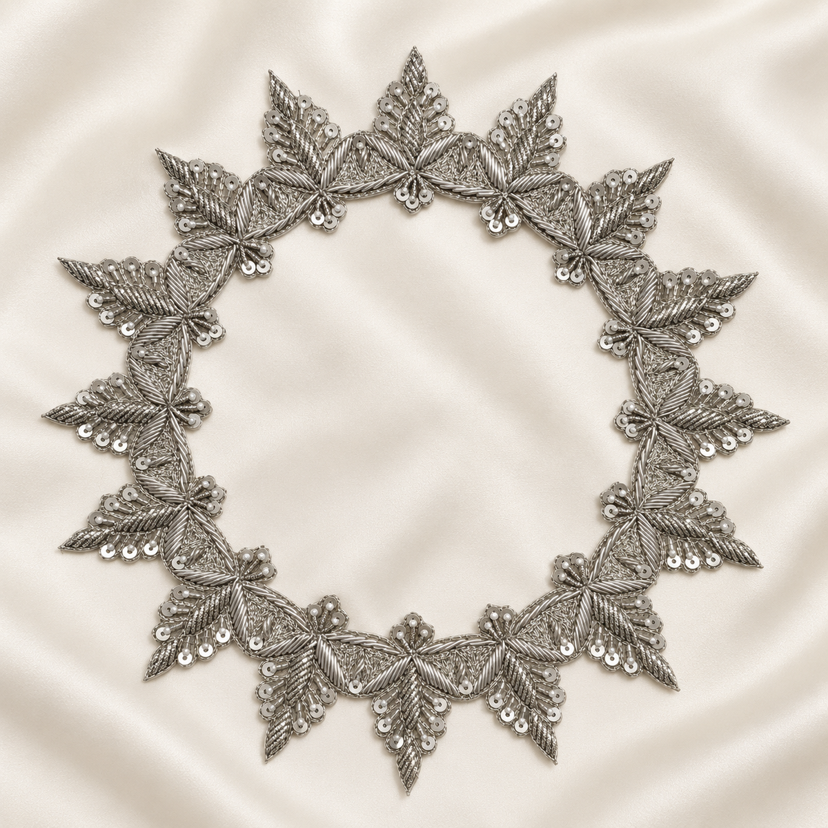 Layered Leaf Sequin and Metallic Cord Embroidered Neckline Patch