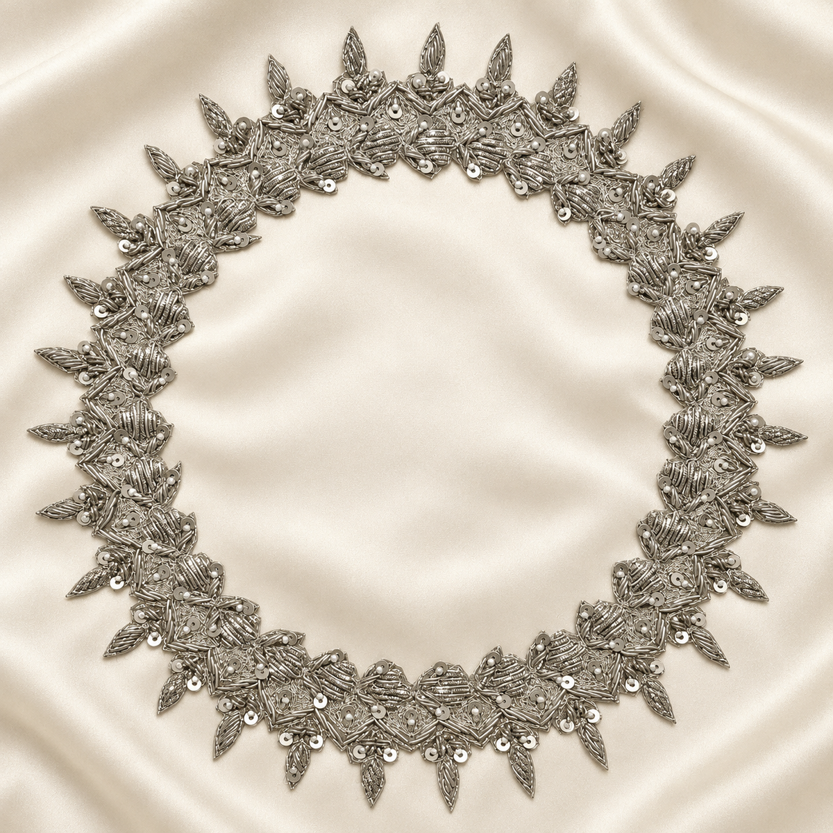 Layered Chevron Leaf Sequin and Pearl Bead Embroidered Neckline Pa