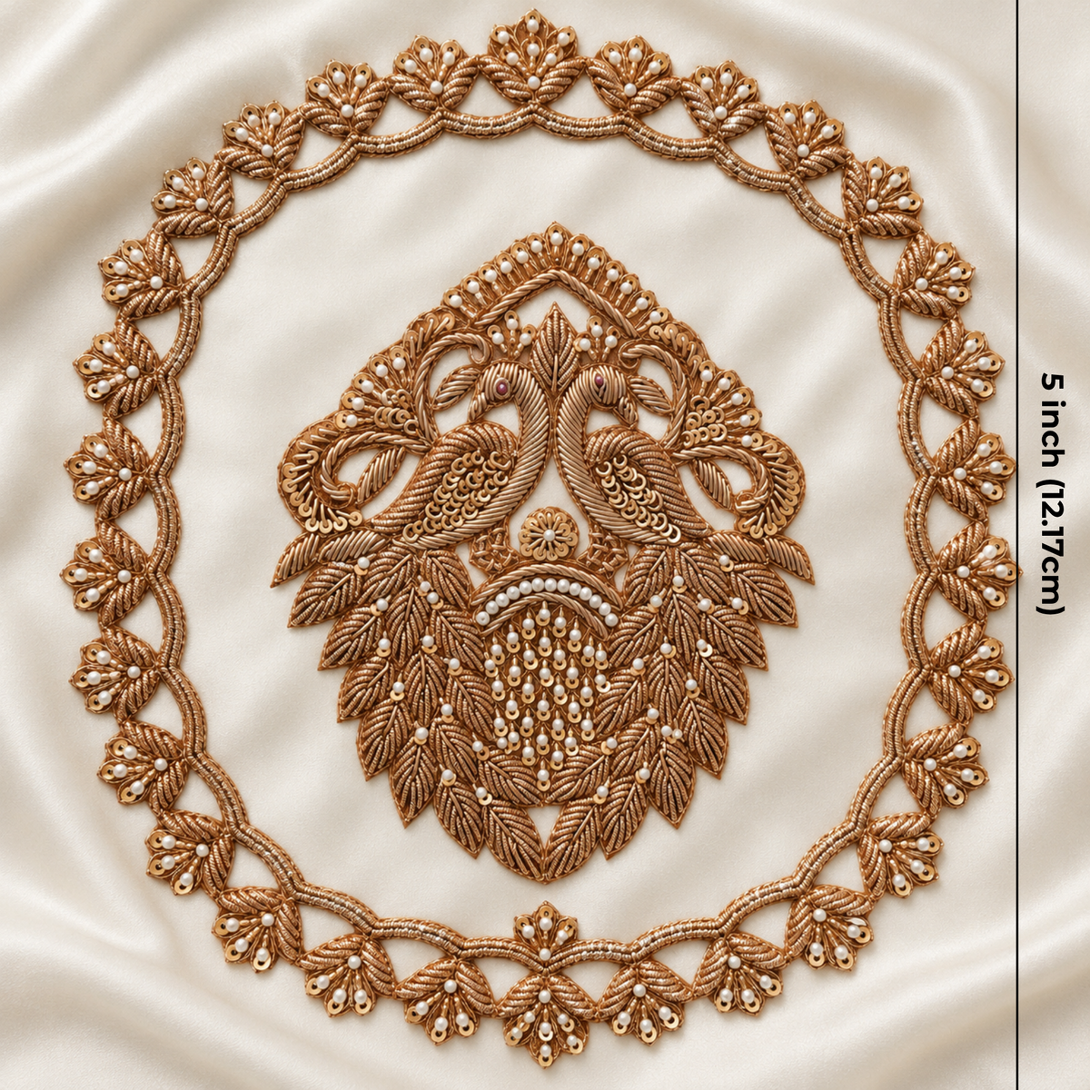 Ornate Floral Basket Zardozi Embroidered Patch with Pearl & Sequin Detailing