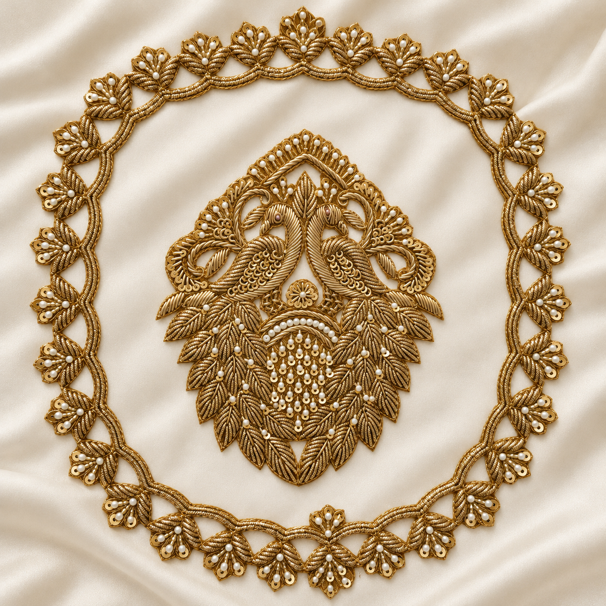 Ornate Floral Basket Zardozi Embroidered Patch with Pearl & Sequin Detailing