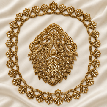 Ornate Floral Basket Zardozi Embroidered Patch with Pearl & Sequin Detailing