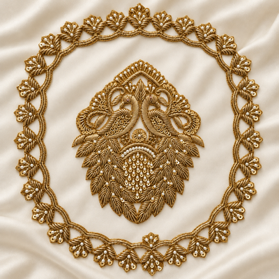 Ornate Floral Basket Zardozi Embroidered Patch with Pearl & Sequin Detailing