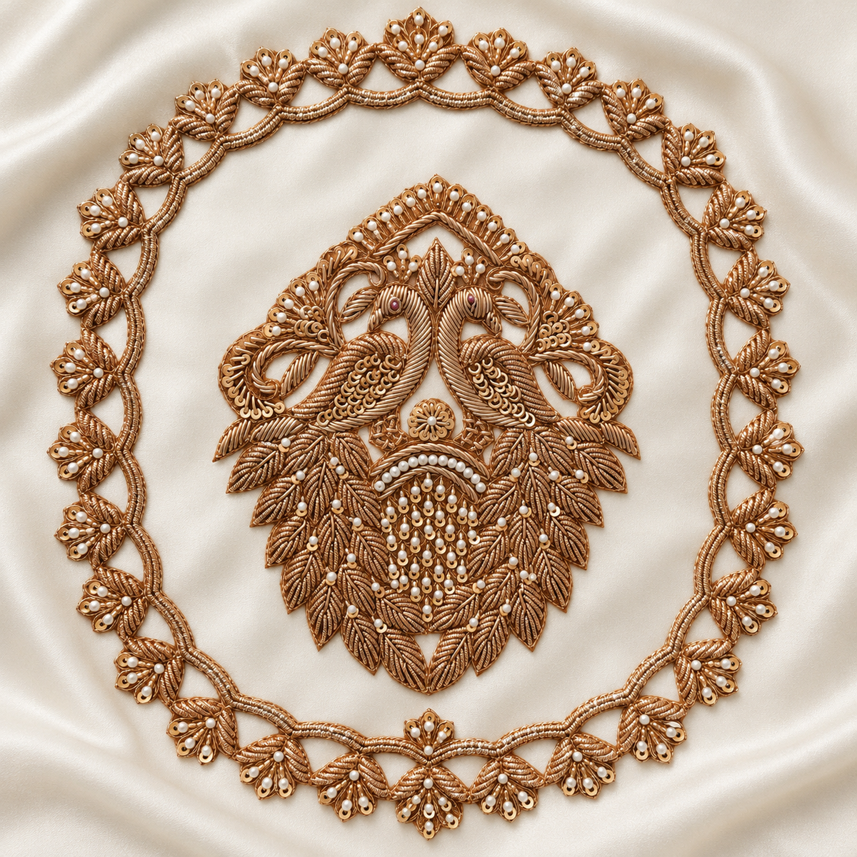 Ornate Floral Basket Zardozi Embroidered Patch with Pearl & Sequin Detailing