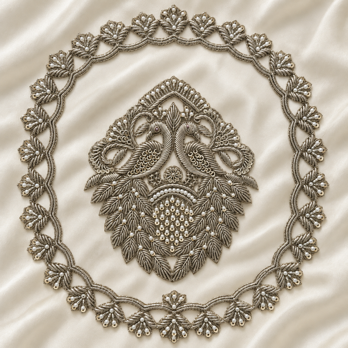 Ornate Floral Basket Zardozi Embroidered Patch with Pearl & Sequin Detailing