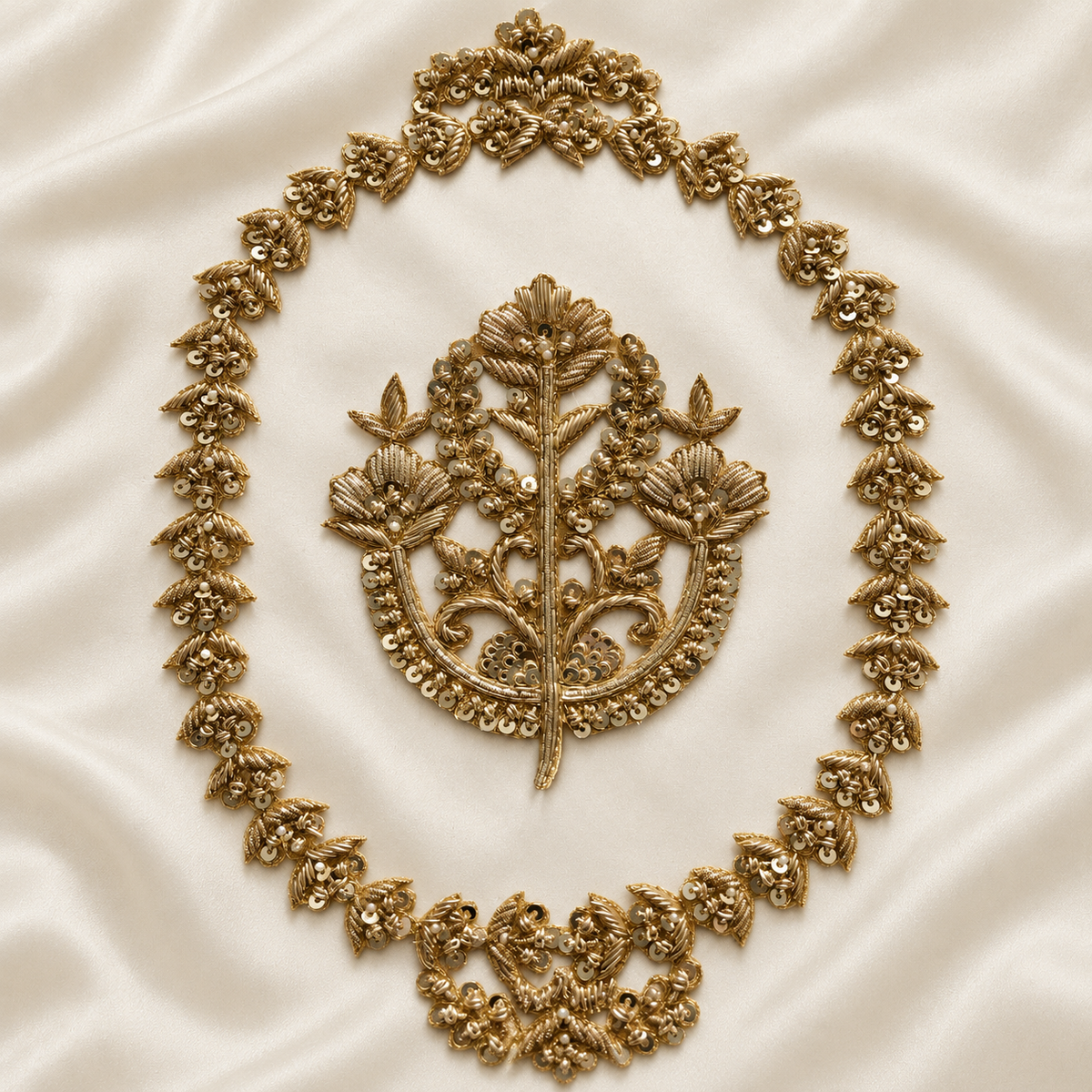 Ornate Floral Bouquet Zardozi Embroidered Oval Patch with Sequin & Bead Detailing