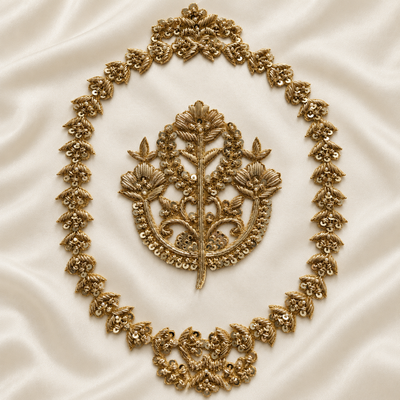 Ornate Floral Bouquet Zardozi Embroidered Oval Patch with Sequin & Bead Detailing