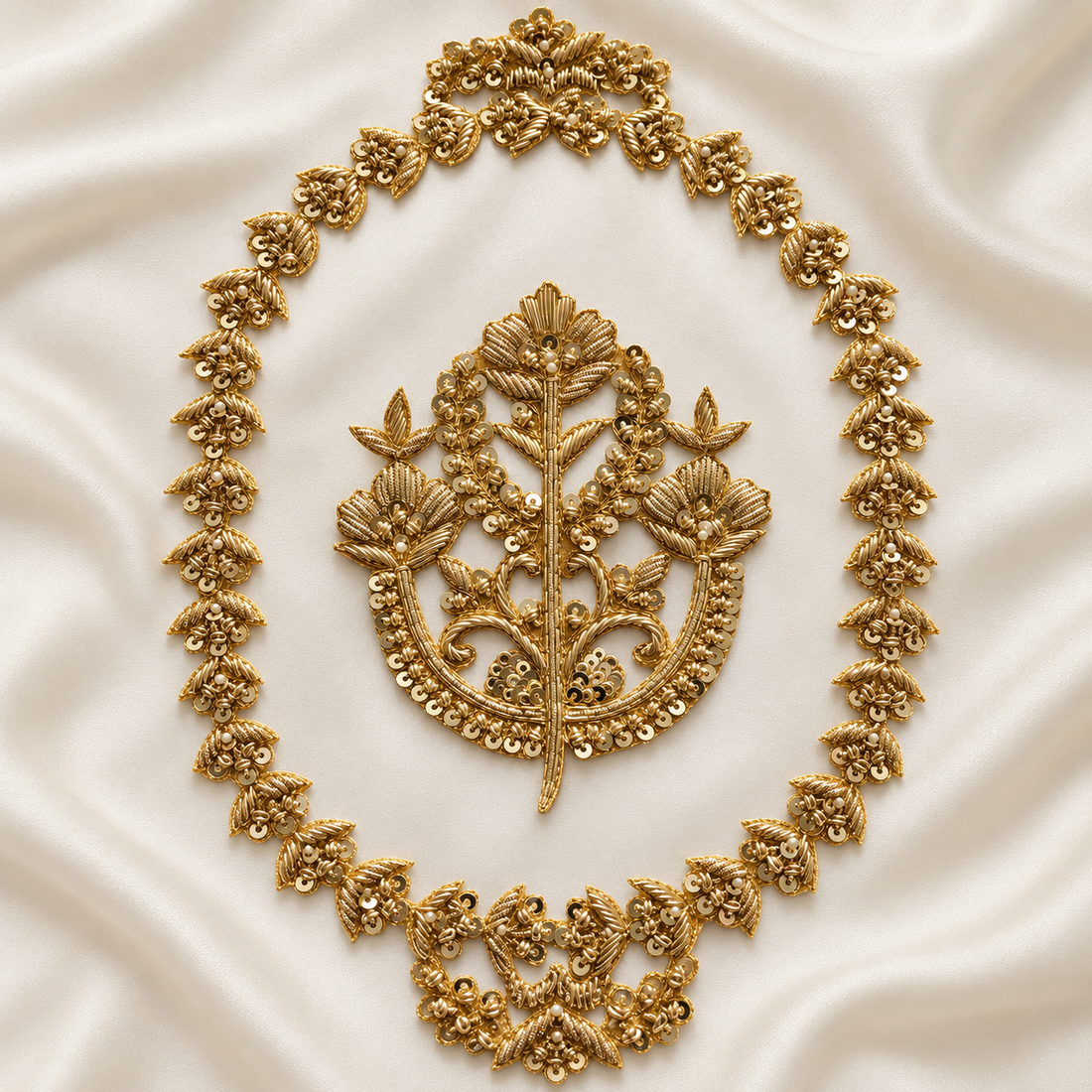 Ornate Floral Bouquet Zardozi Embroidered Oval Patch with Sequin & Bead Detailing