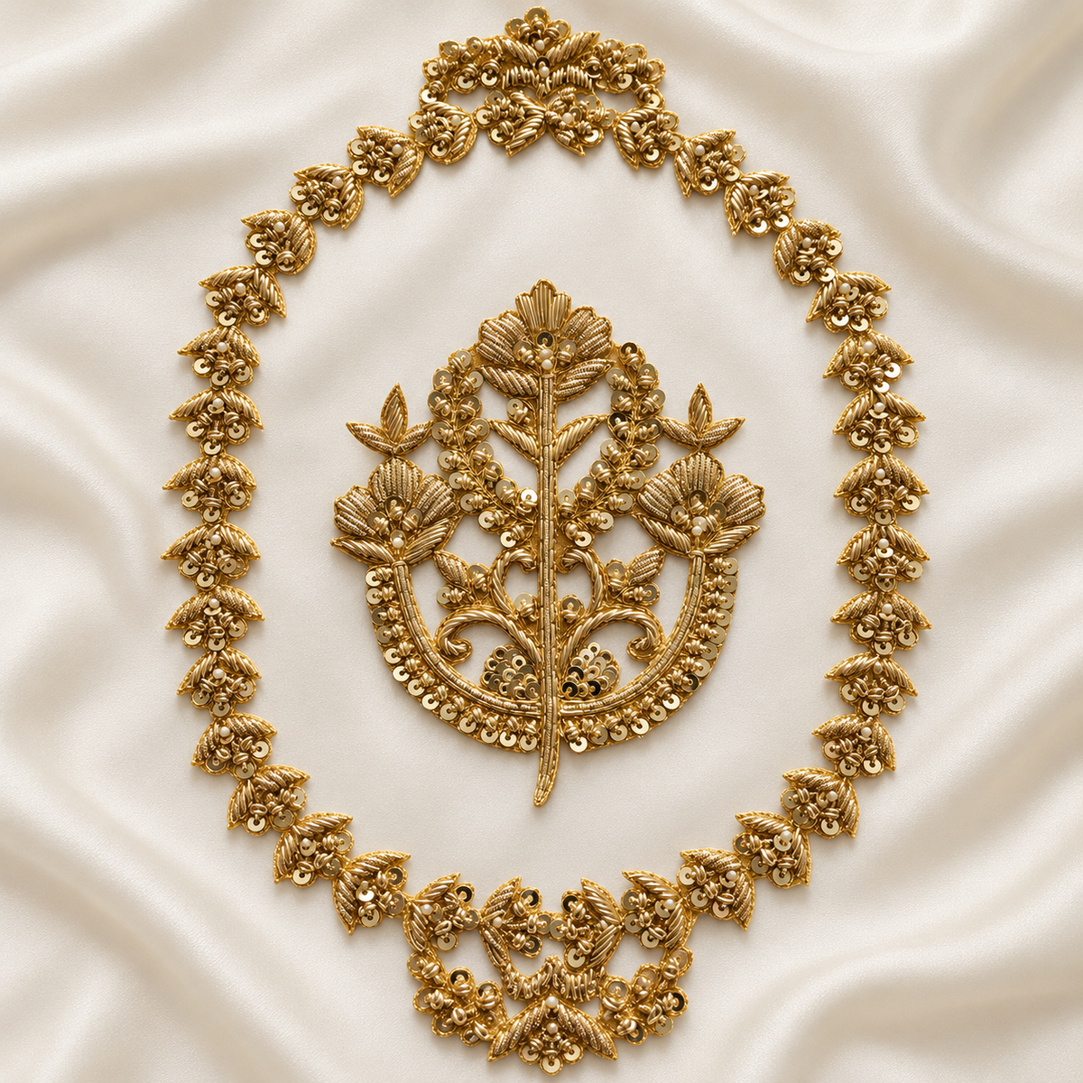 Ornate Floral Bouquet Zardozi Embroidered Oval Patch with Sequin & Bead Detailing