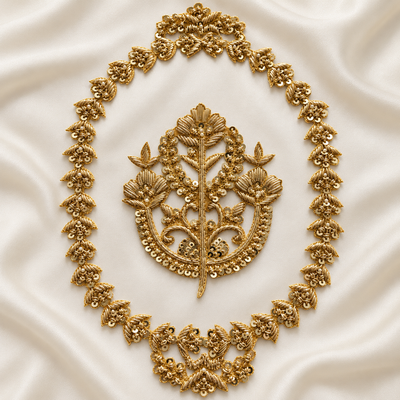 Ornate Floral Bouquet Zardozi Embroidered Oval Patch with Sequin & Bead Detailing hover image