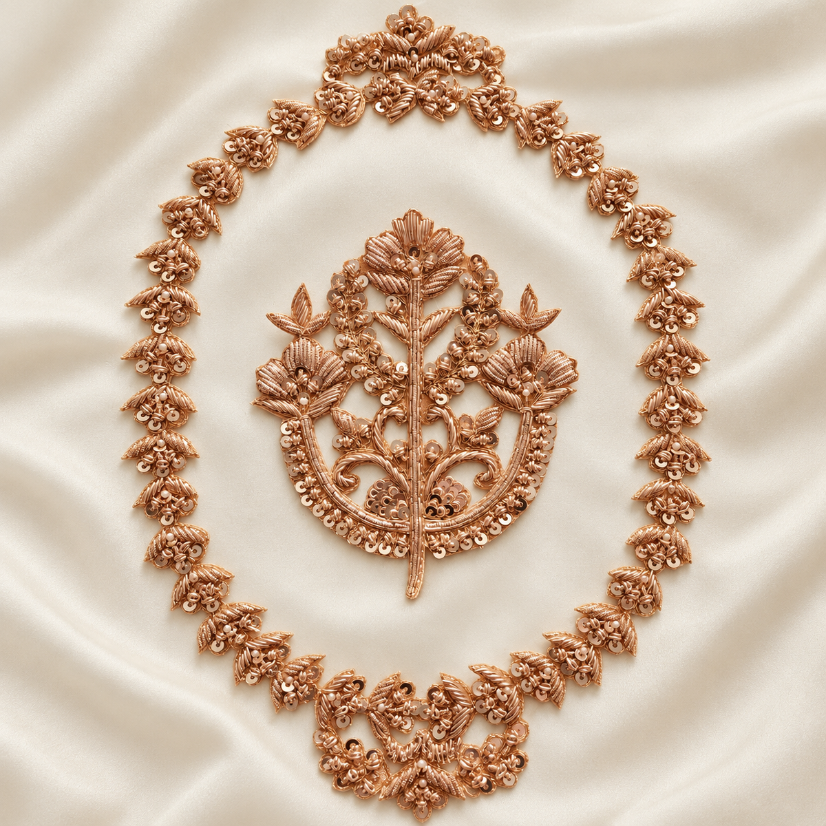 Ornate Floral Bouquet Zardozi Embroidered Oval Patch with Sequin & Bead Detailing