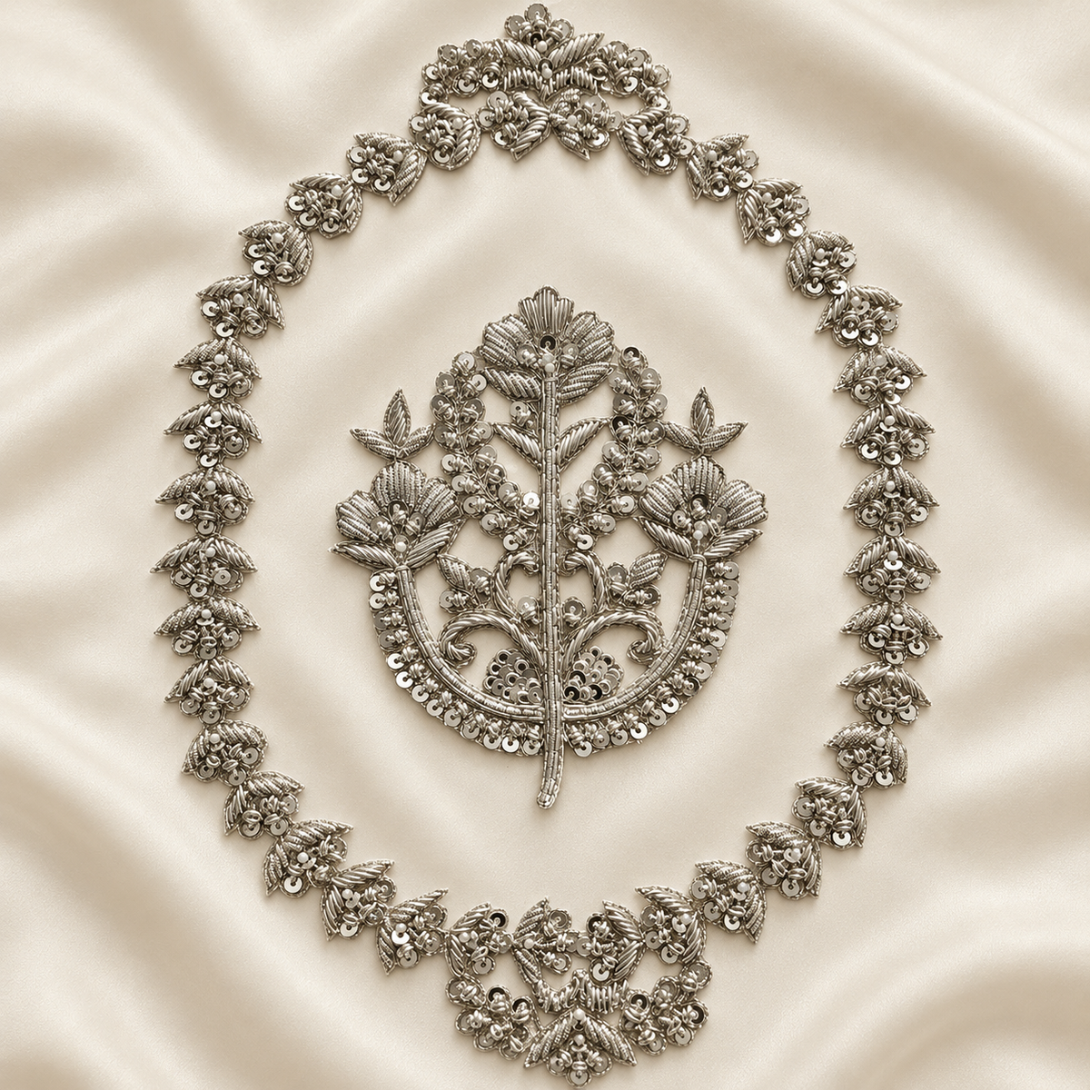 Ornate Floral Bouquet Zardozi Embroidered Oval Patch with Sequin & Bead Detailing