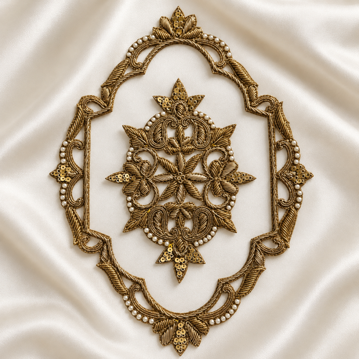 Ornate Floral Zardozi Embroidered Oval Patch with Pearl & Sequin Detailing for Bridal & Designer Wear